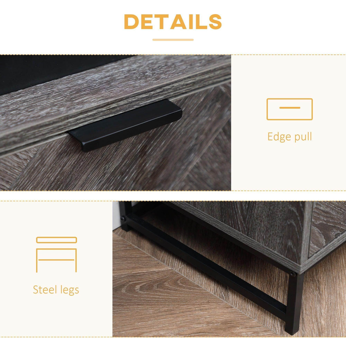Gray wood bedside table with edge pull handle and black steel legs