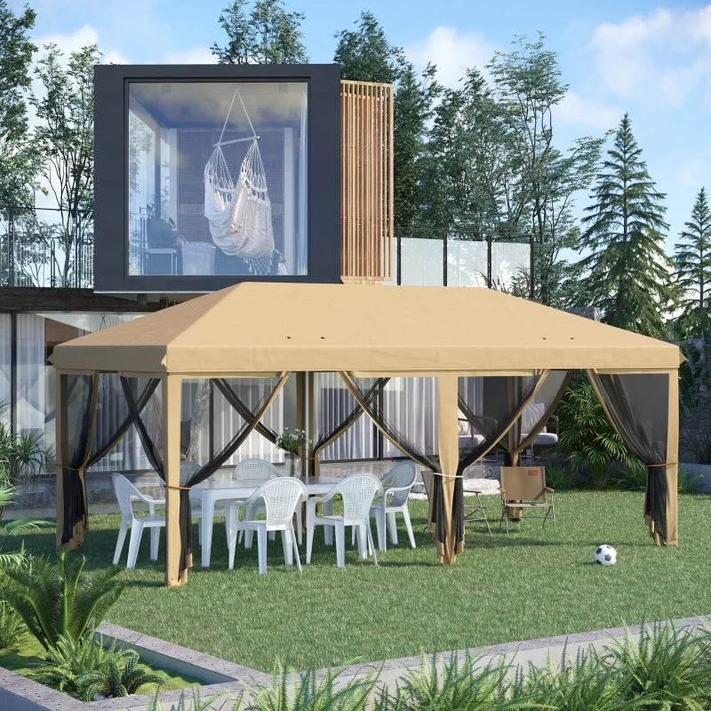 Beige pop-up outdoor gazebo canopy with open mesh sidewalls and zip curtains