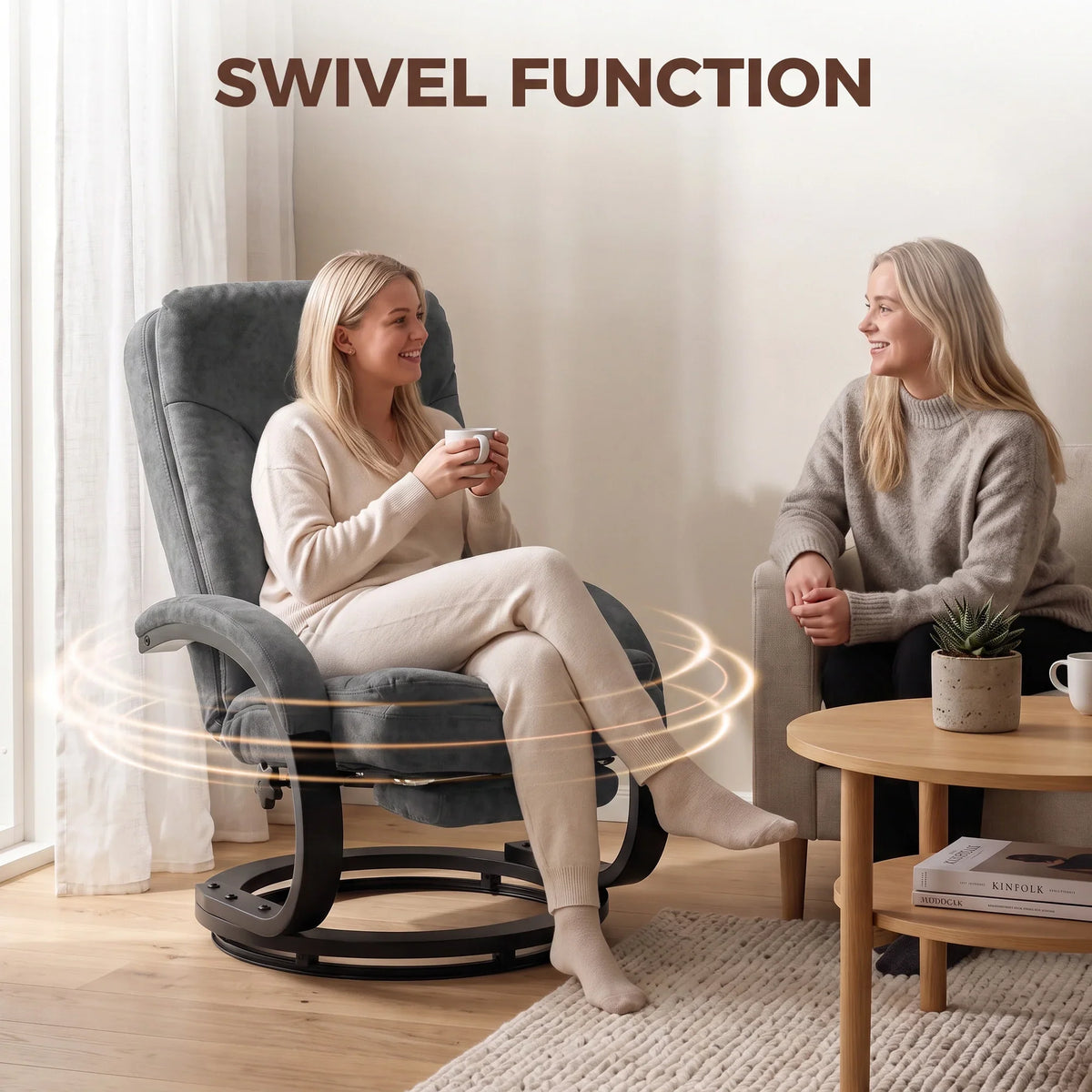 Gray velvet swivel recliner chair with extended footrest and curved armrests