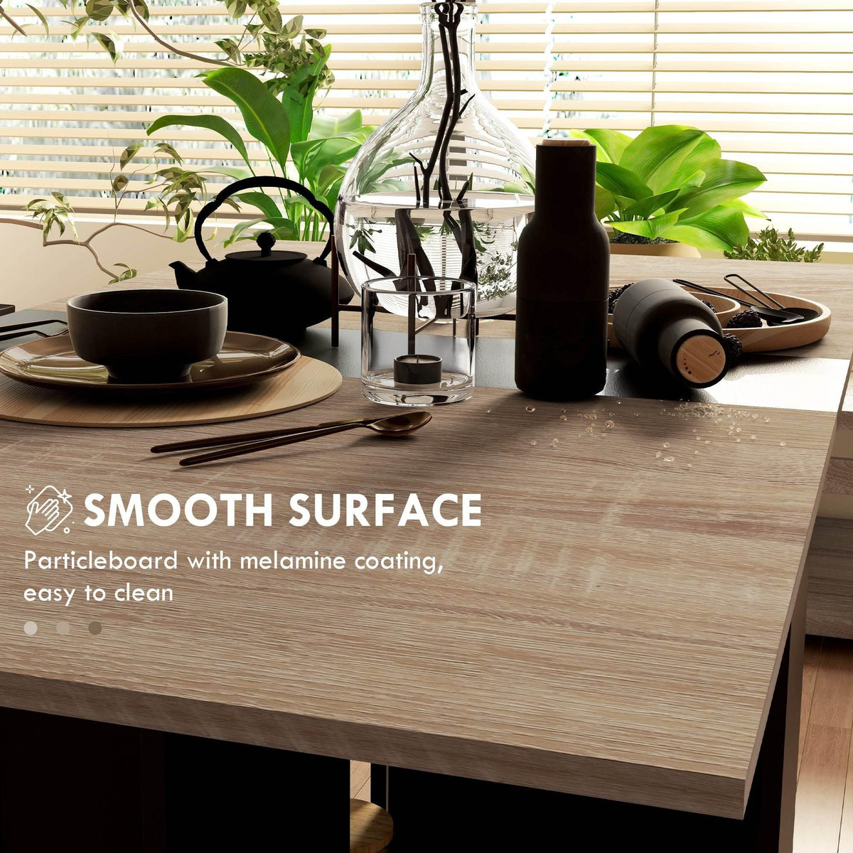 Drop-leaf dining table with smooth light oak tabletop for easy cleaning