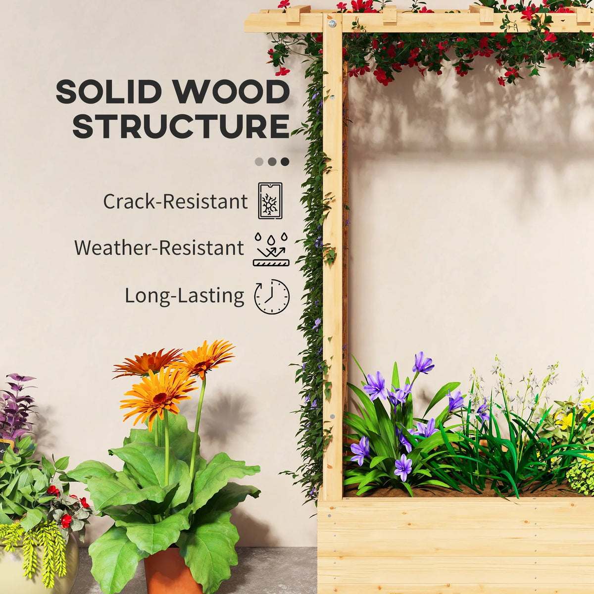 Wooden garden planter with tall frame and flowering plants in raised bed