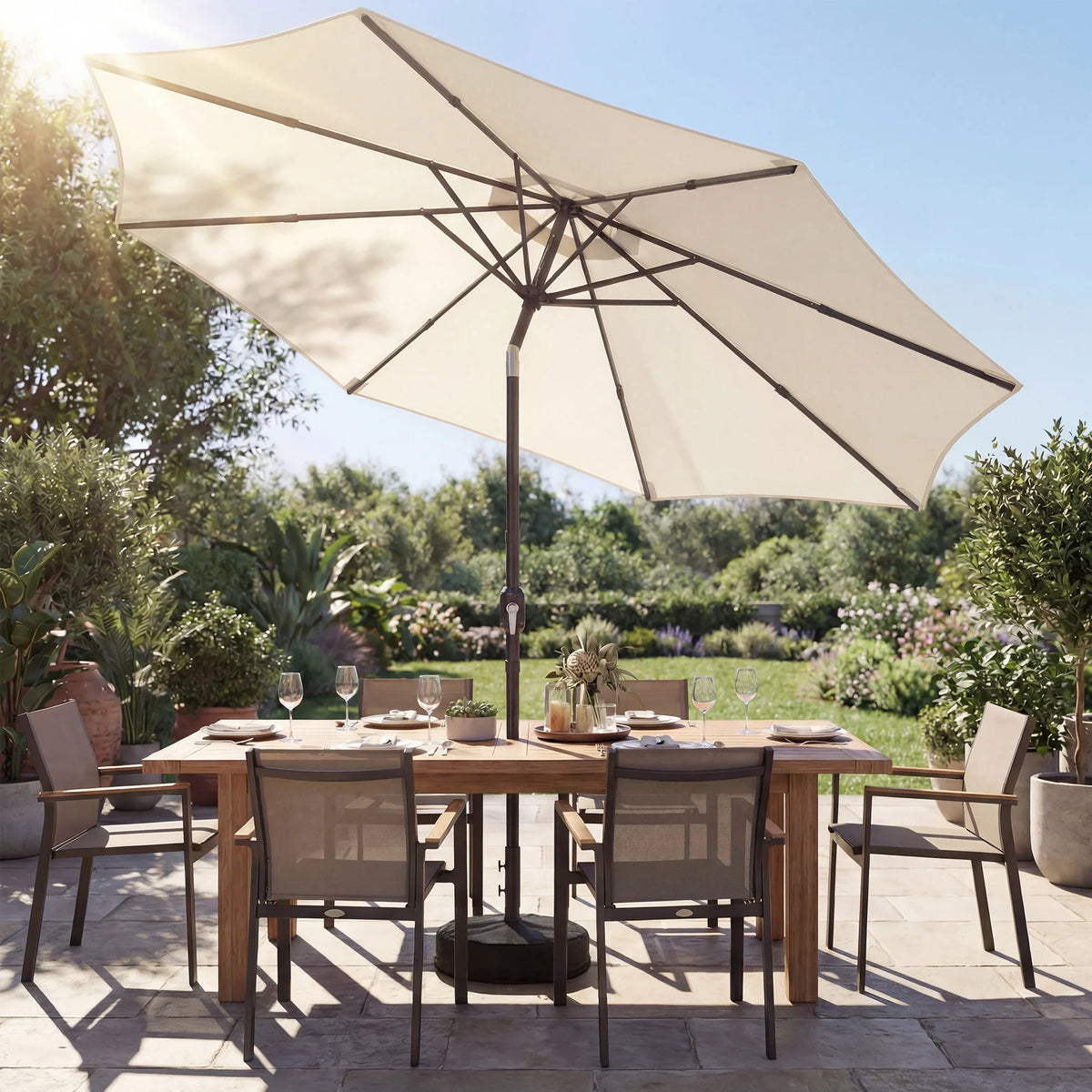 Cream 2.7m garden parasol with retractable ribs and cross base for outdoor table shade