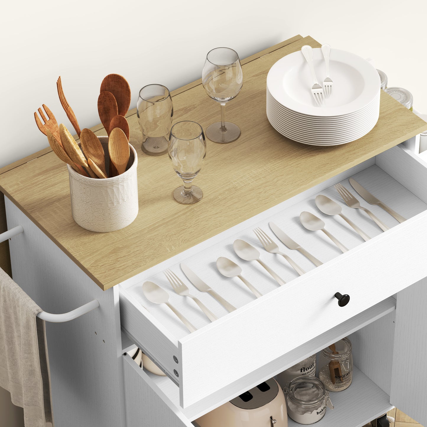HOMCOM Rolling Kitchen Island With Drop Leaf And Extendable Counter White Cart With Drawer Spice Rack And Towel Rack