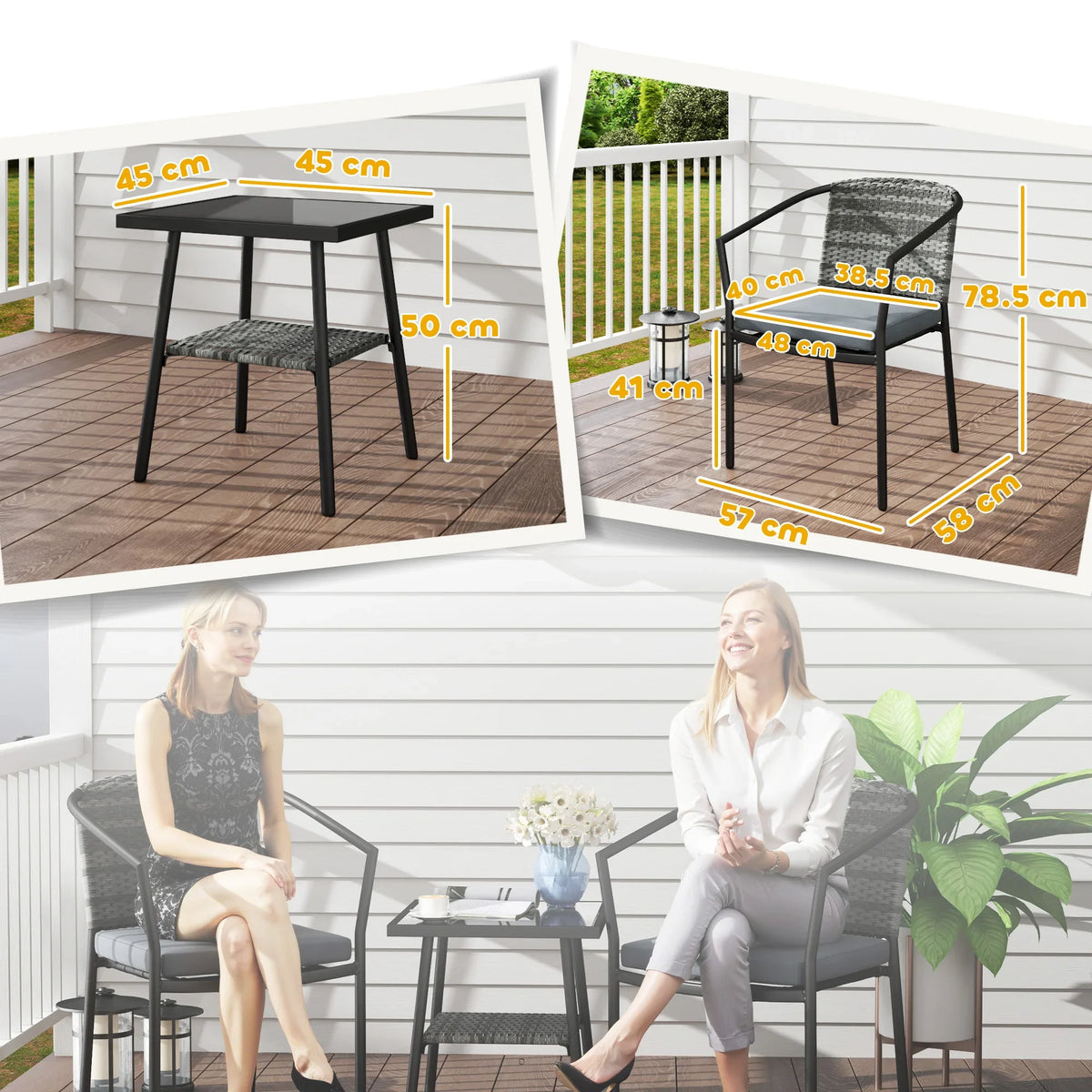 Outdoor rattan bistro set with two grey-cushioned chairs and small glass-top table
