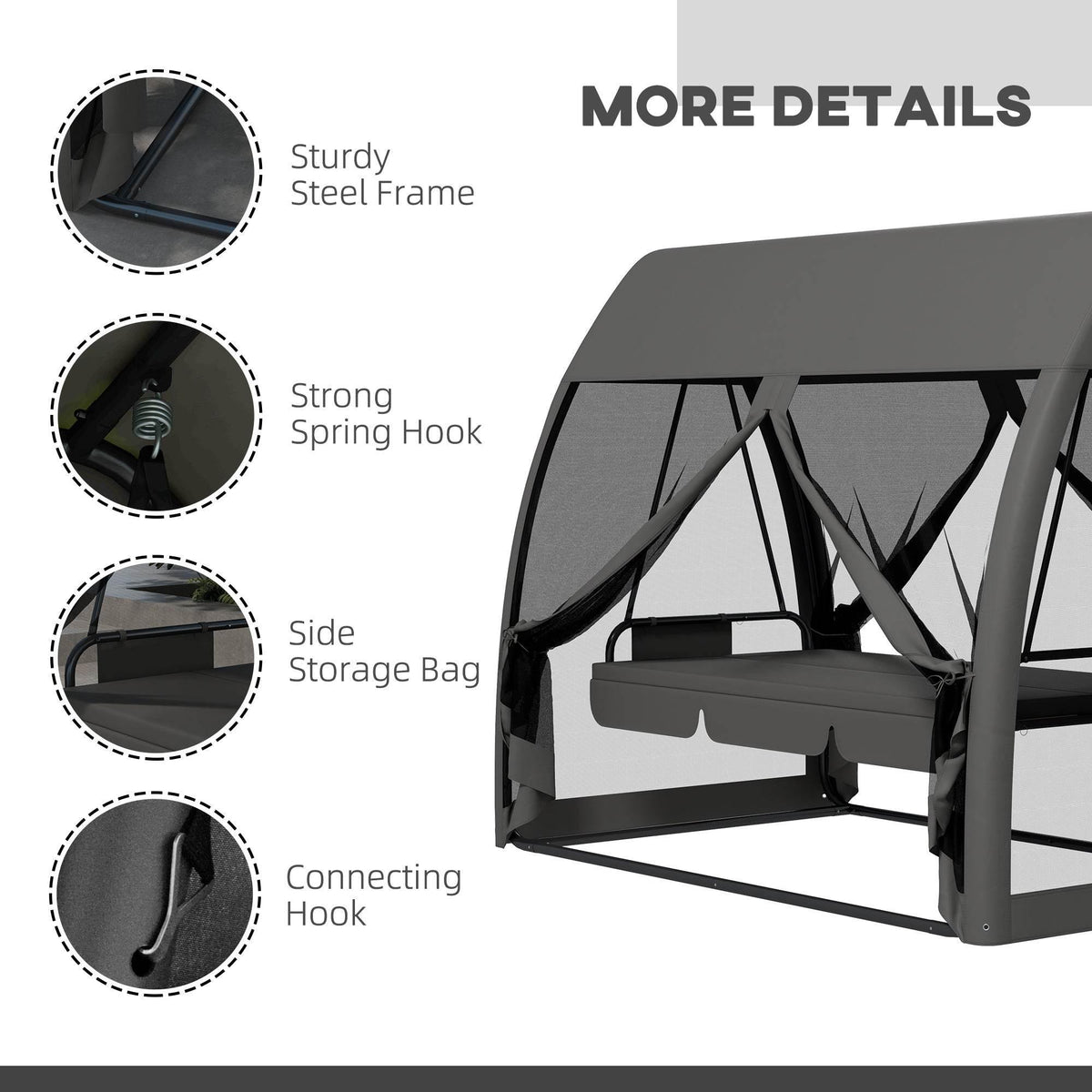 Grey outdoor swing chair with sturdy steel frame, spring hooks and connecting hardware