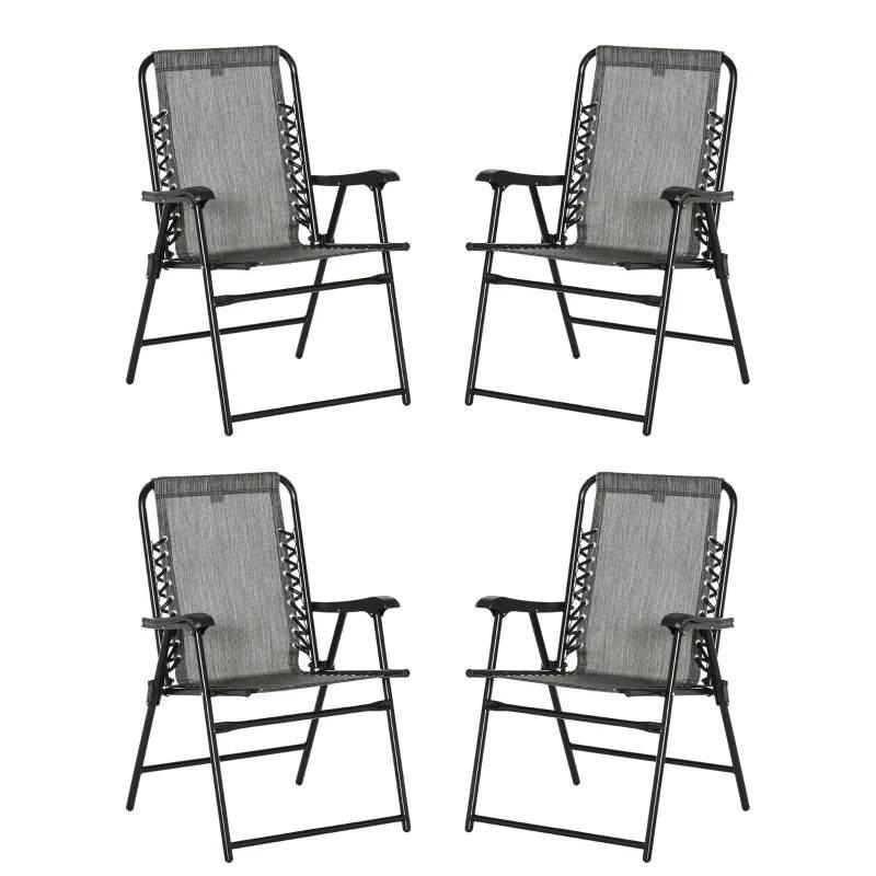 Set of folding patio chairs with grey mesh backrests, armrests, and black steel frames