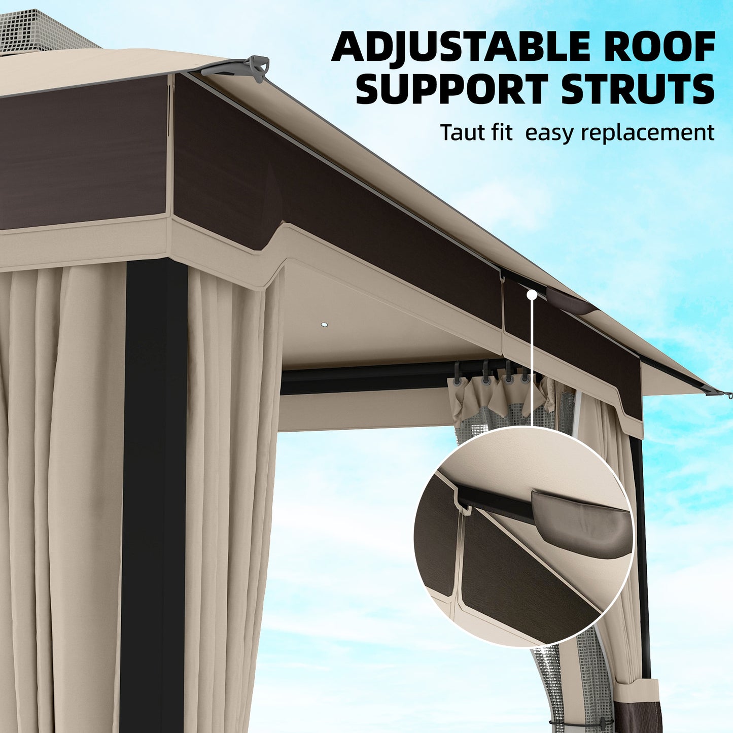 Outsunny 3 by 3.6 m Outdoor Garden Gazebo with Netting and Curtains Permanent Pavilion Two Tier Roof Khaki