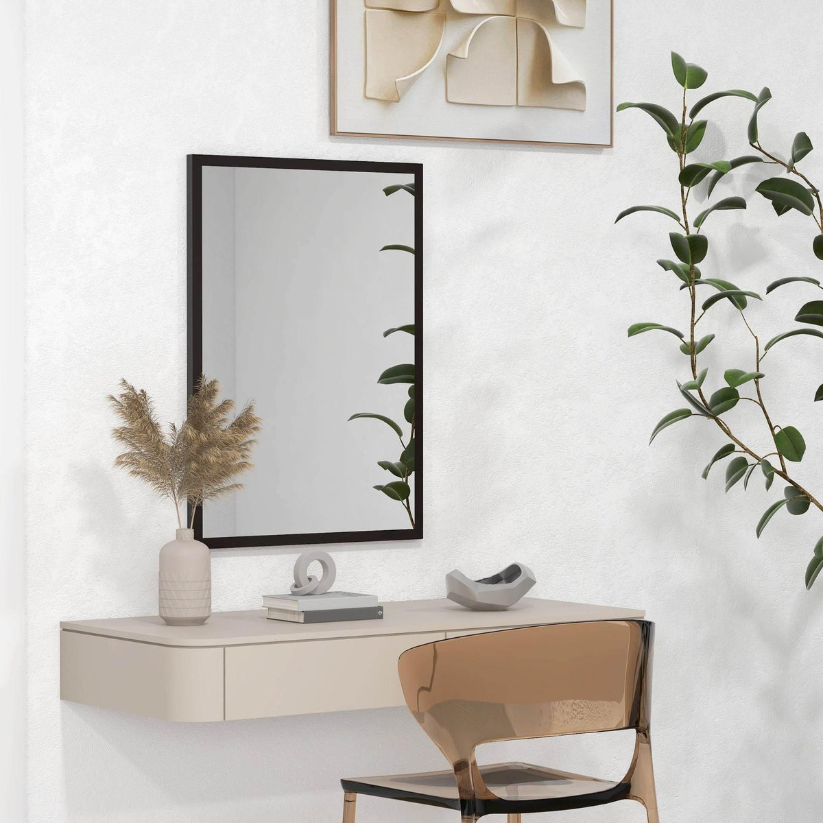 Wall-mounted black rectangular mirror with thin frame and clear reflective glass