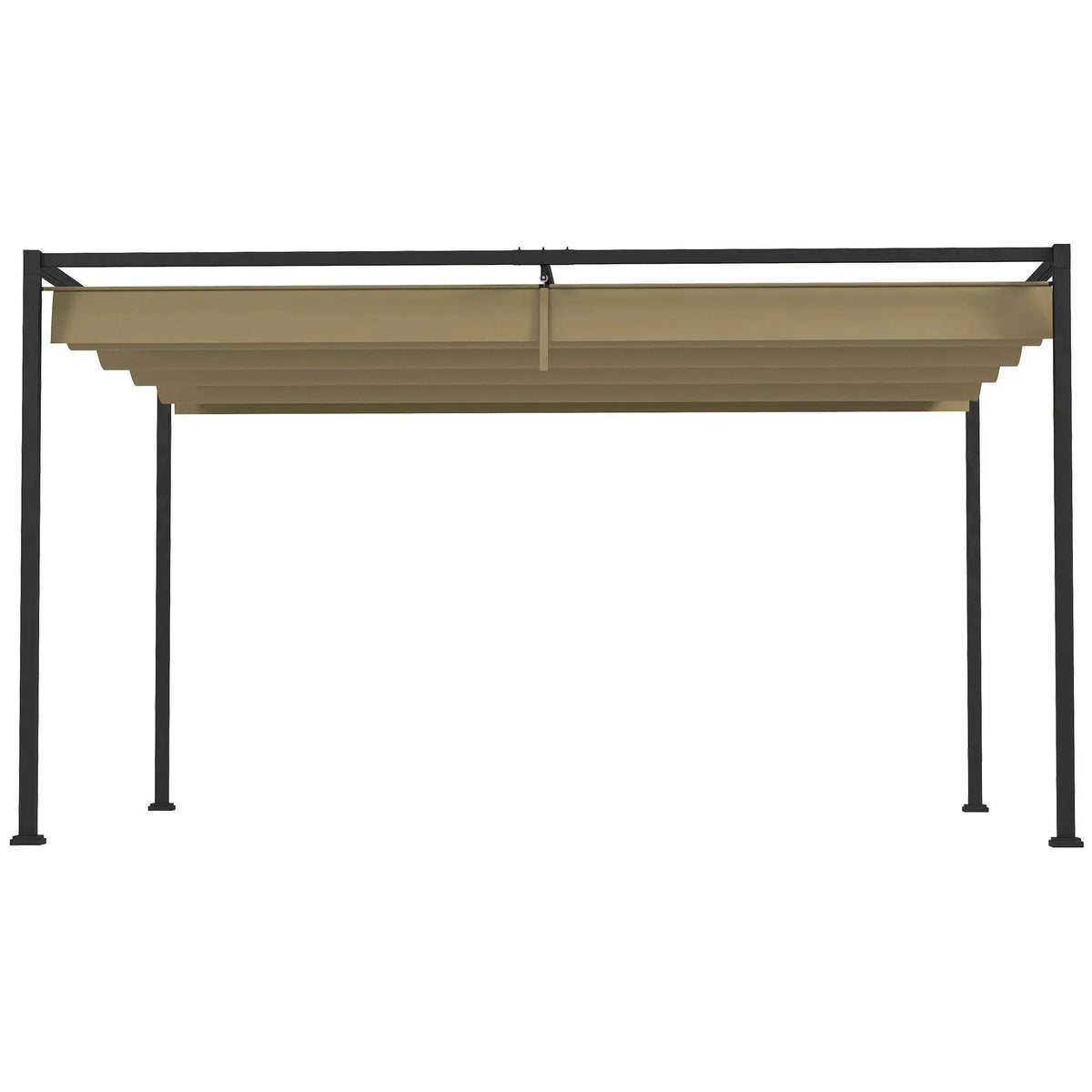 Metal pergola with extended khaki retractable canopy roof, open side pillars