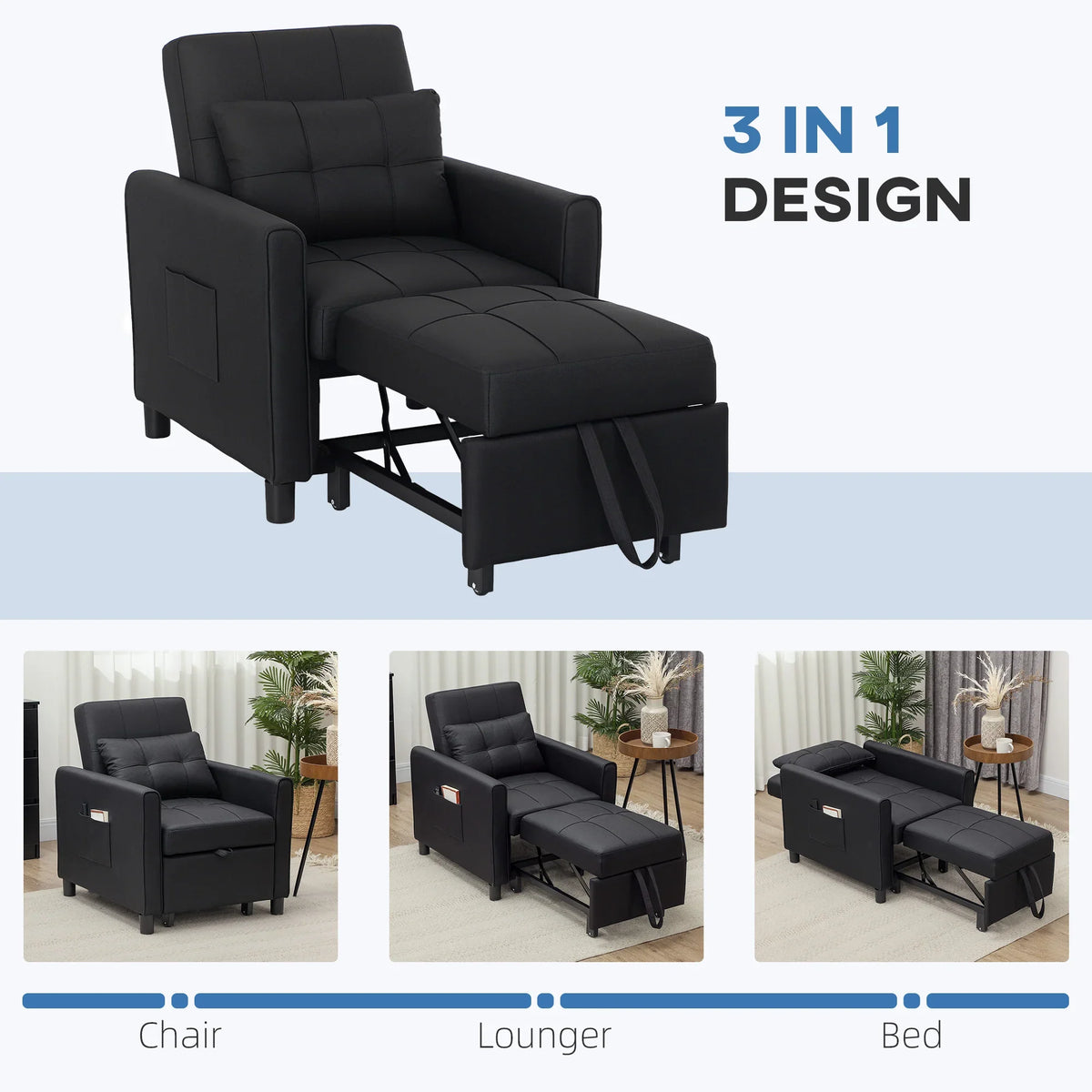Black 3-in-1 chair, lounger, and bed with padded seat and adjustable back