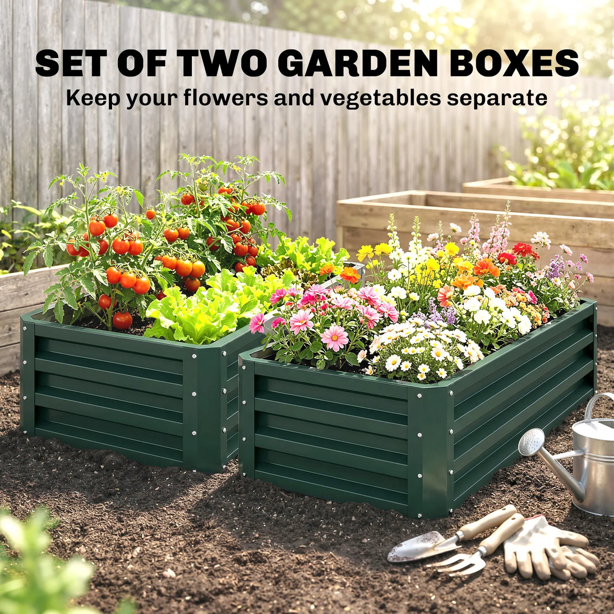 Two green steel raised garden planter boxes filled with flowers and herbs