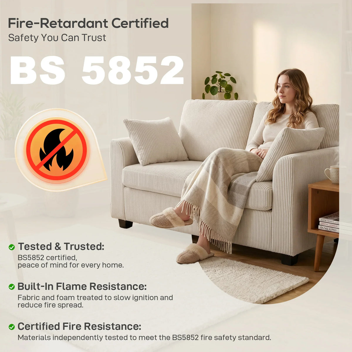 Beige corduroy 2-seater sofa with fire-retardant certified build and cozy throw blanket.