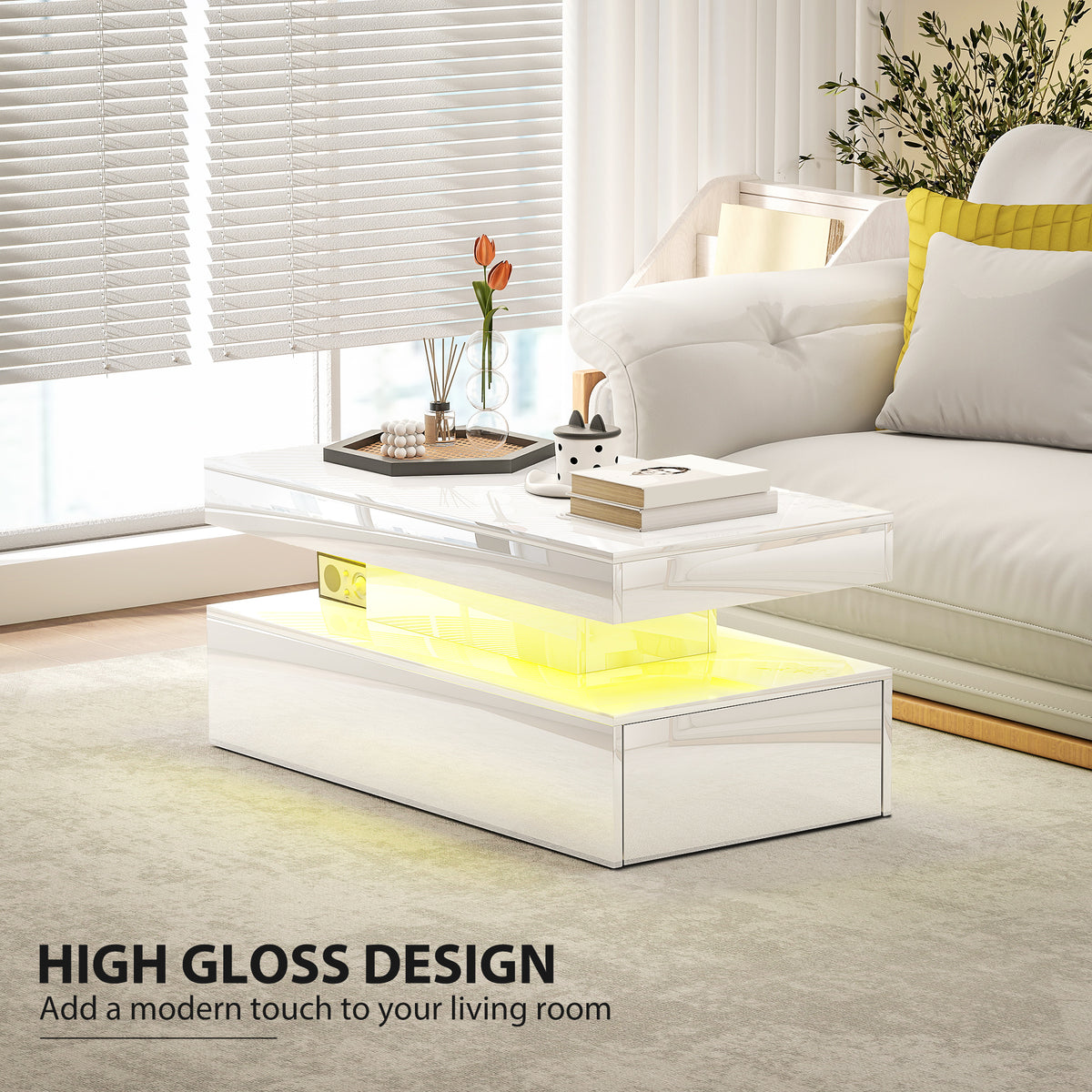 High-gloss white LED coffee table with RGB underglow and concealed storage