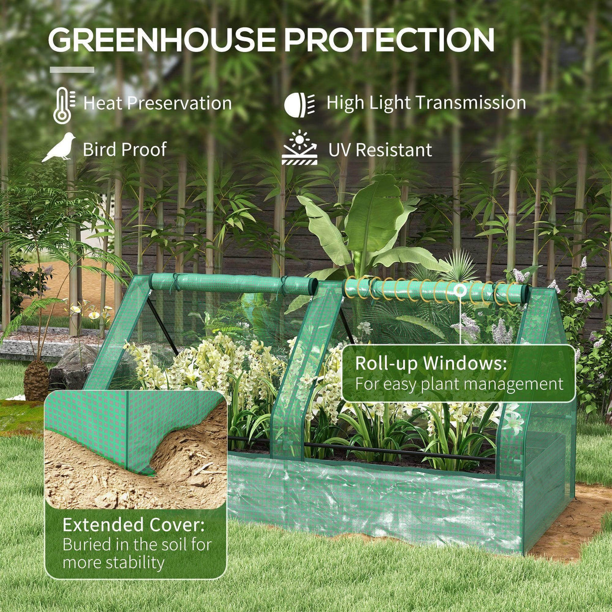 Green greenhouse cover with roll-up window panels on a raised garden bed frame