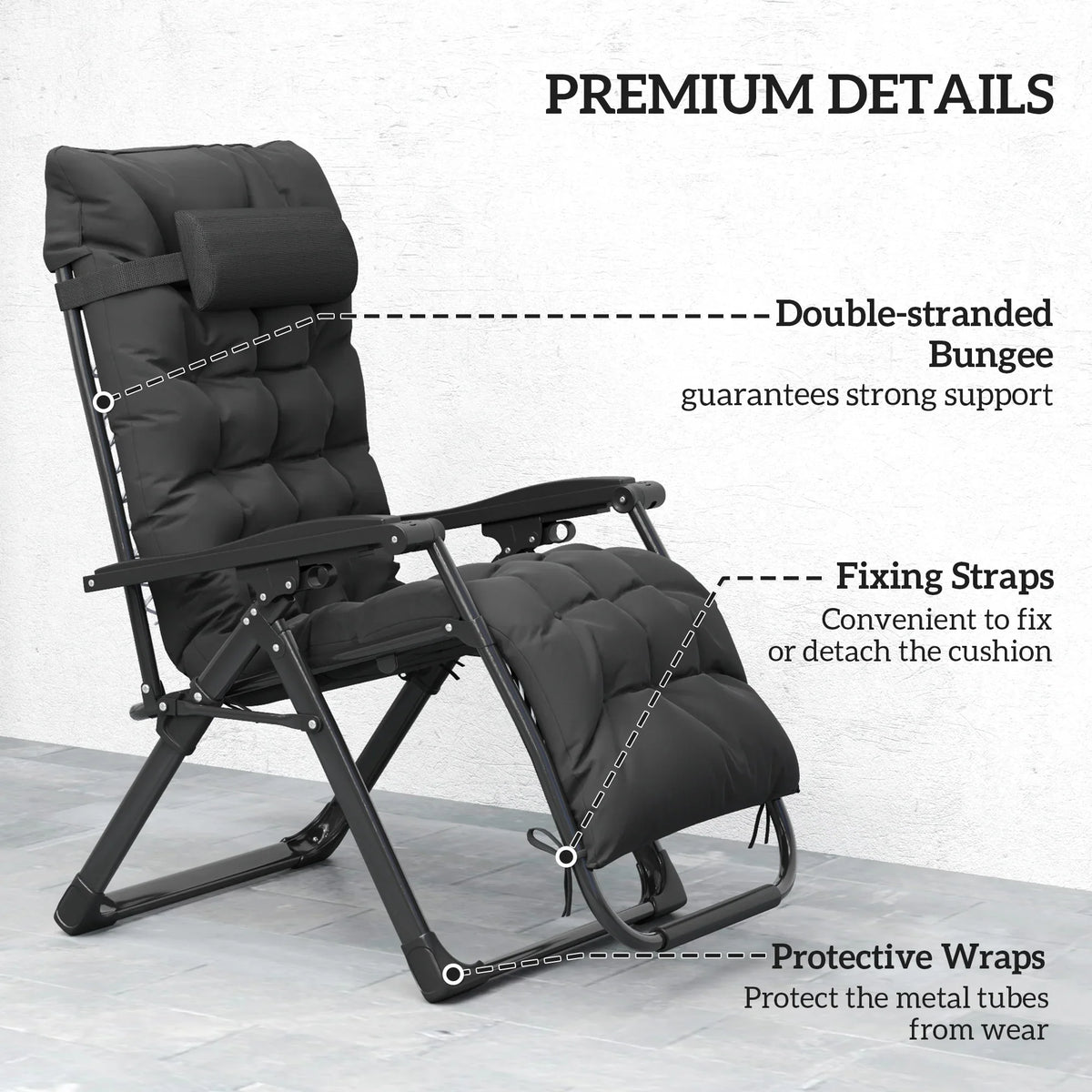 Outsunny black zero-gravity lounger with padded back and detachable cushion straps.