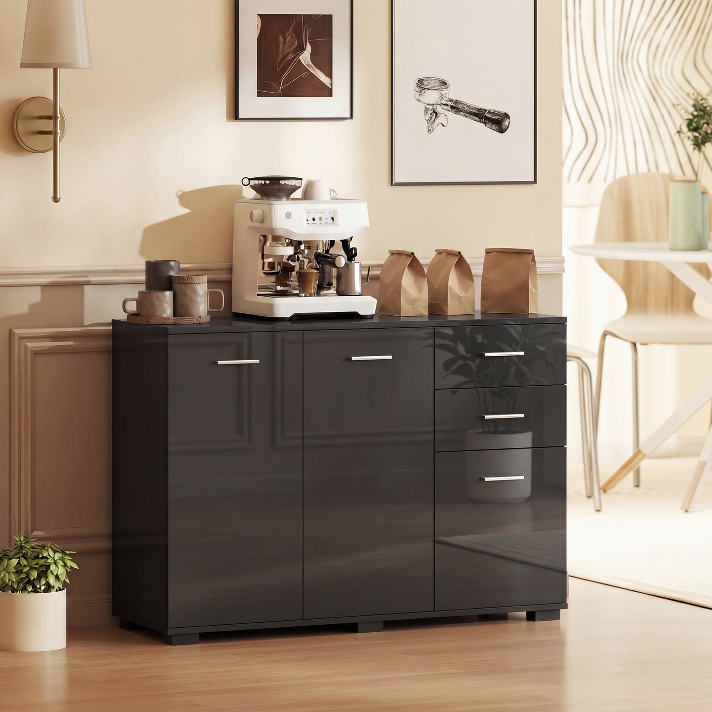 HOMCOM Modern Sideboard Storage Cabinet With 2 Drawers And 3 Doors Adjustable Shelves High Gloss Black