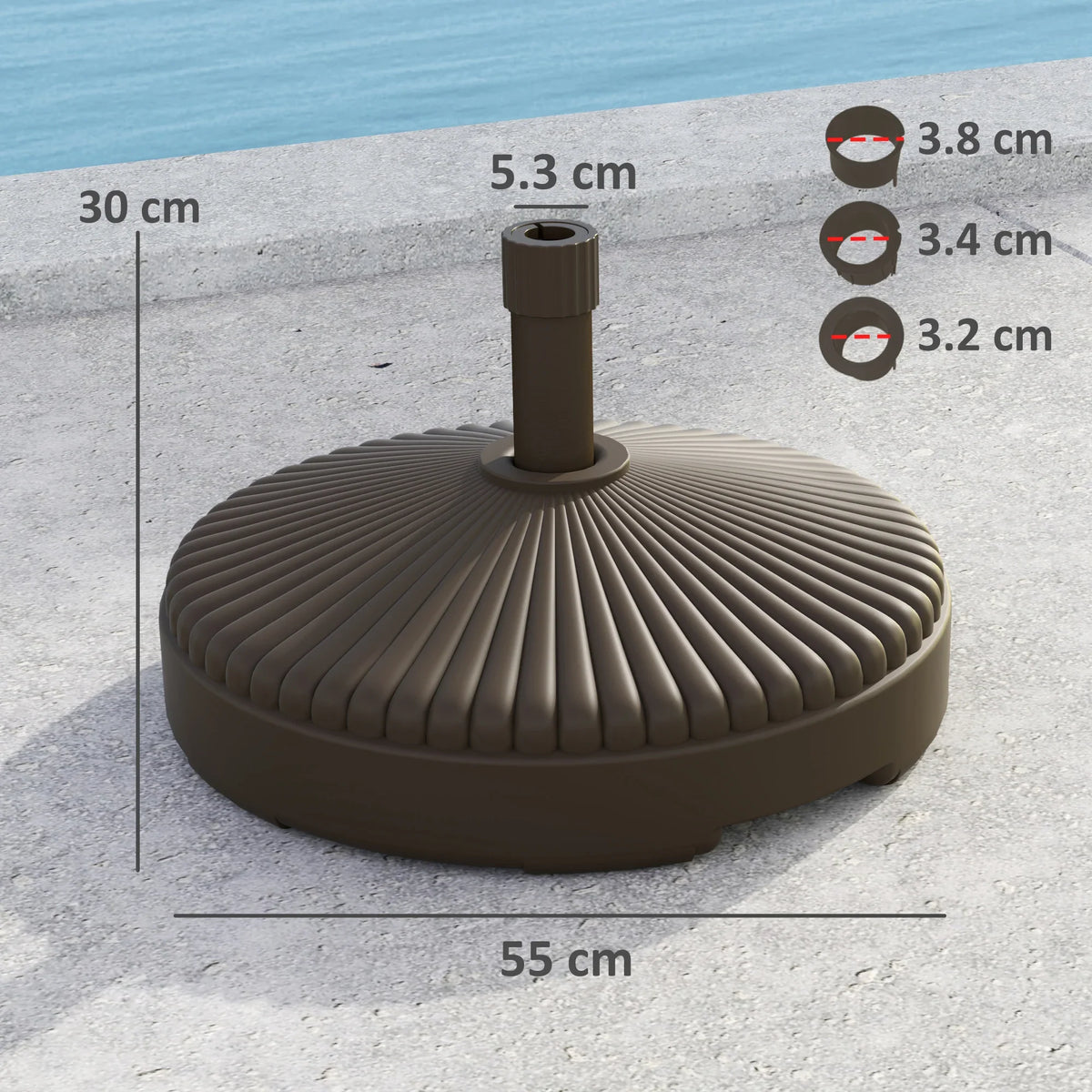 Brown round parasol base weight with central pole holder, ribbed top plate.