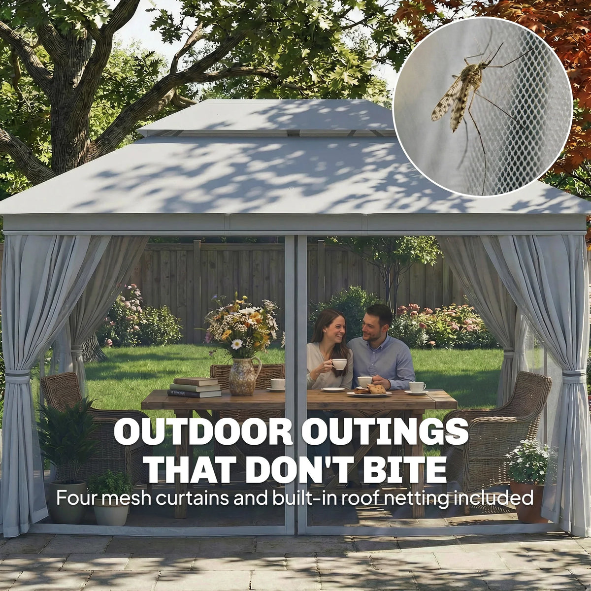 Outdoor gazebo with mesh curtains and built-in roof netting for bite protection