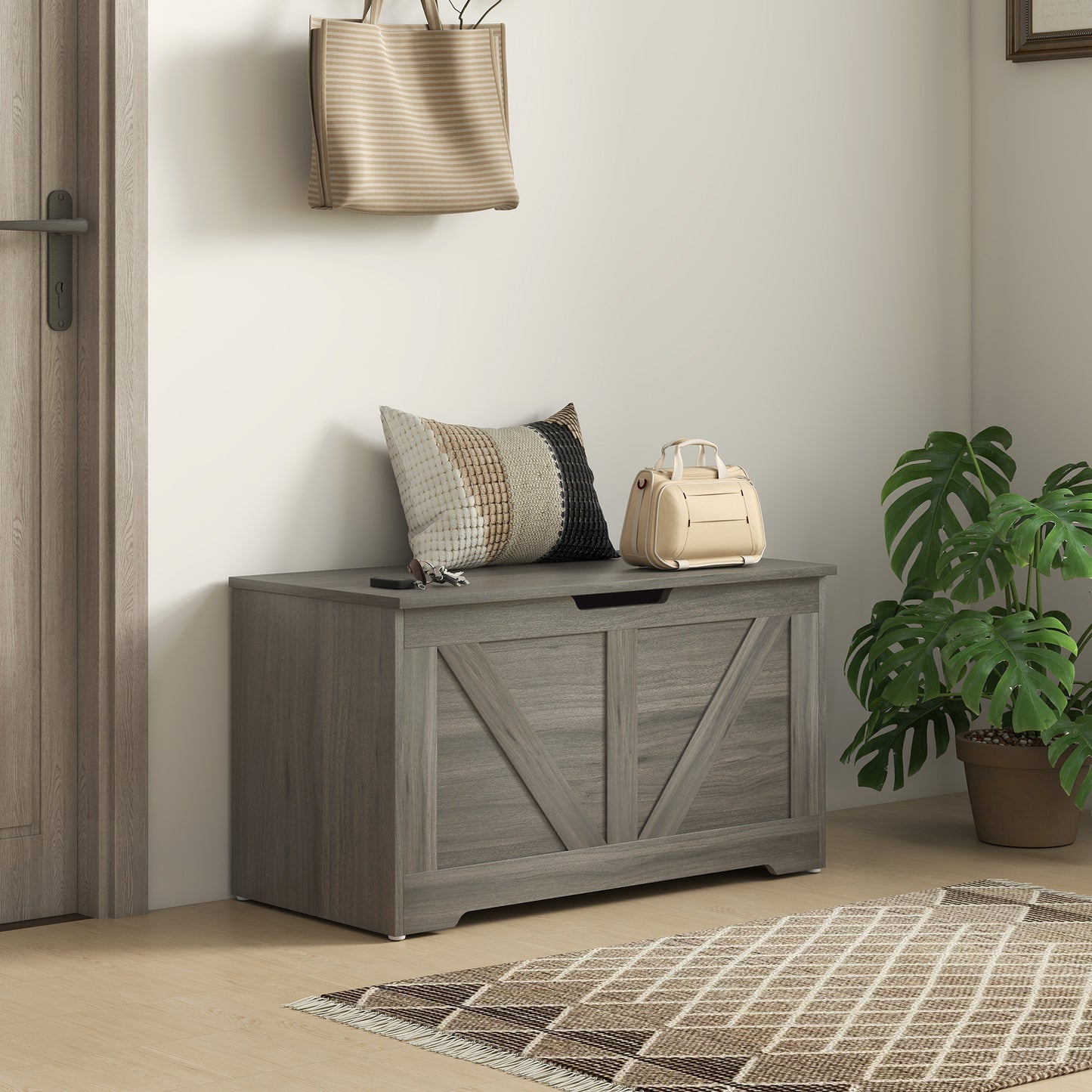 HOMCOM 100L Storage Ottoman Box With Safety Hinges In Charcoal Grey Seatable Trunk