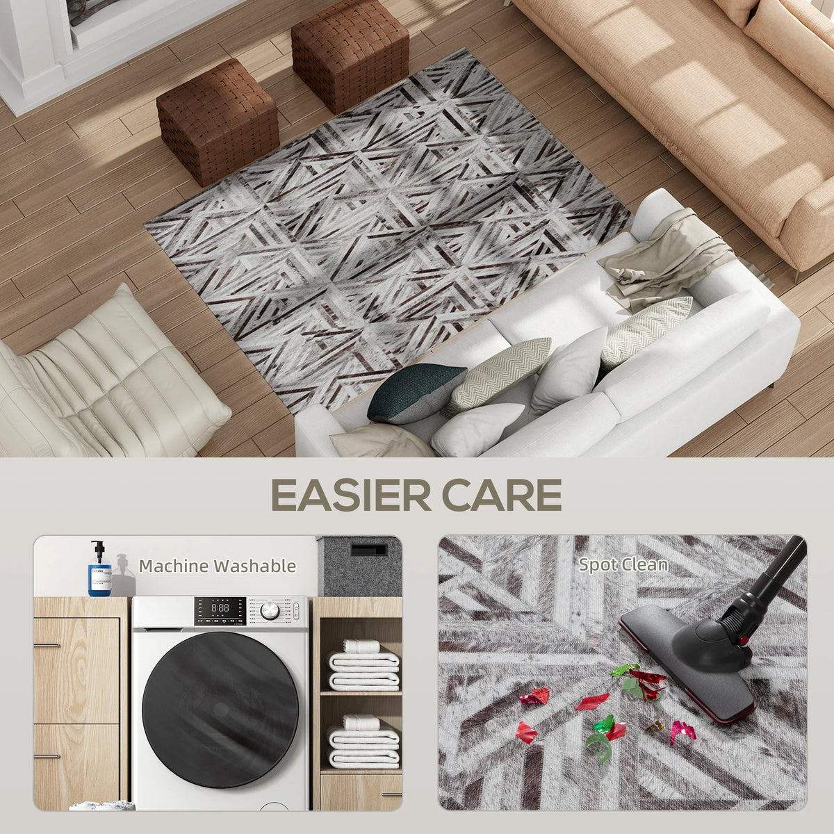 Triangle-pattern area rug in gray, white, and brown with soft textured pile