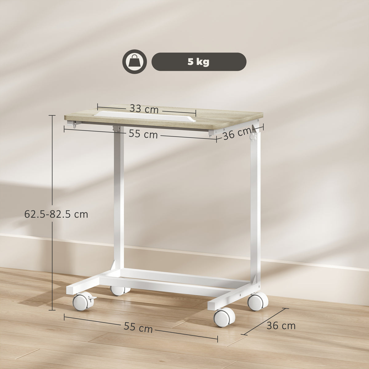 White mobile side table with tilting top, caster wheels, and light wood tabletop