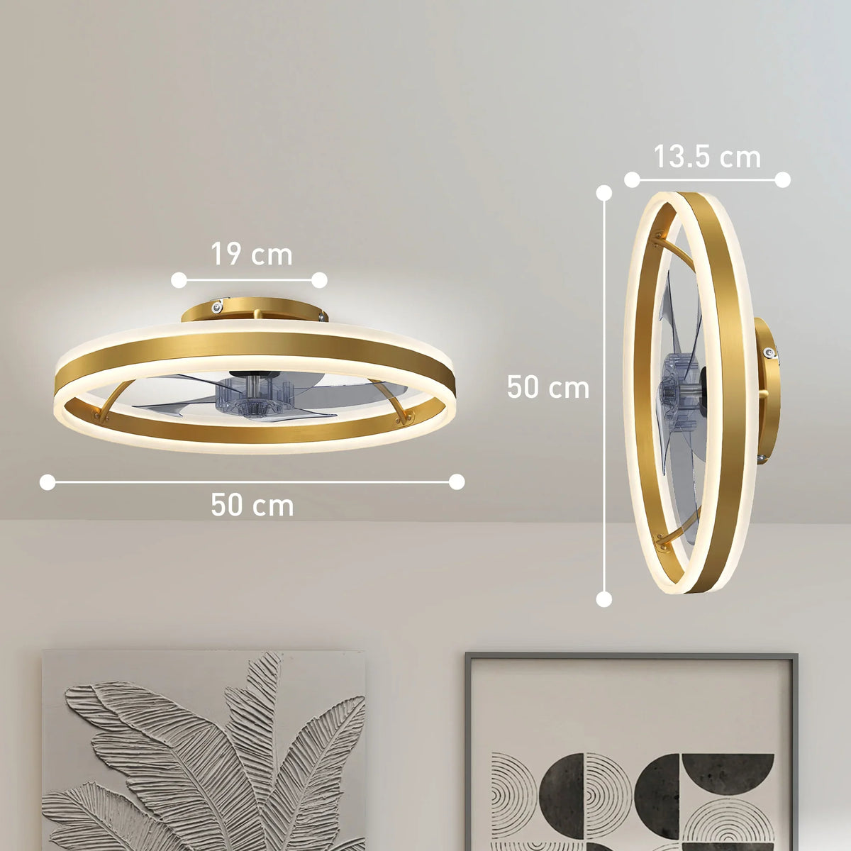 Gold ceiling fan LED light with circular housing; size shown as 50 cm