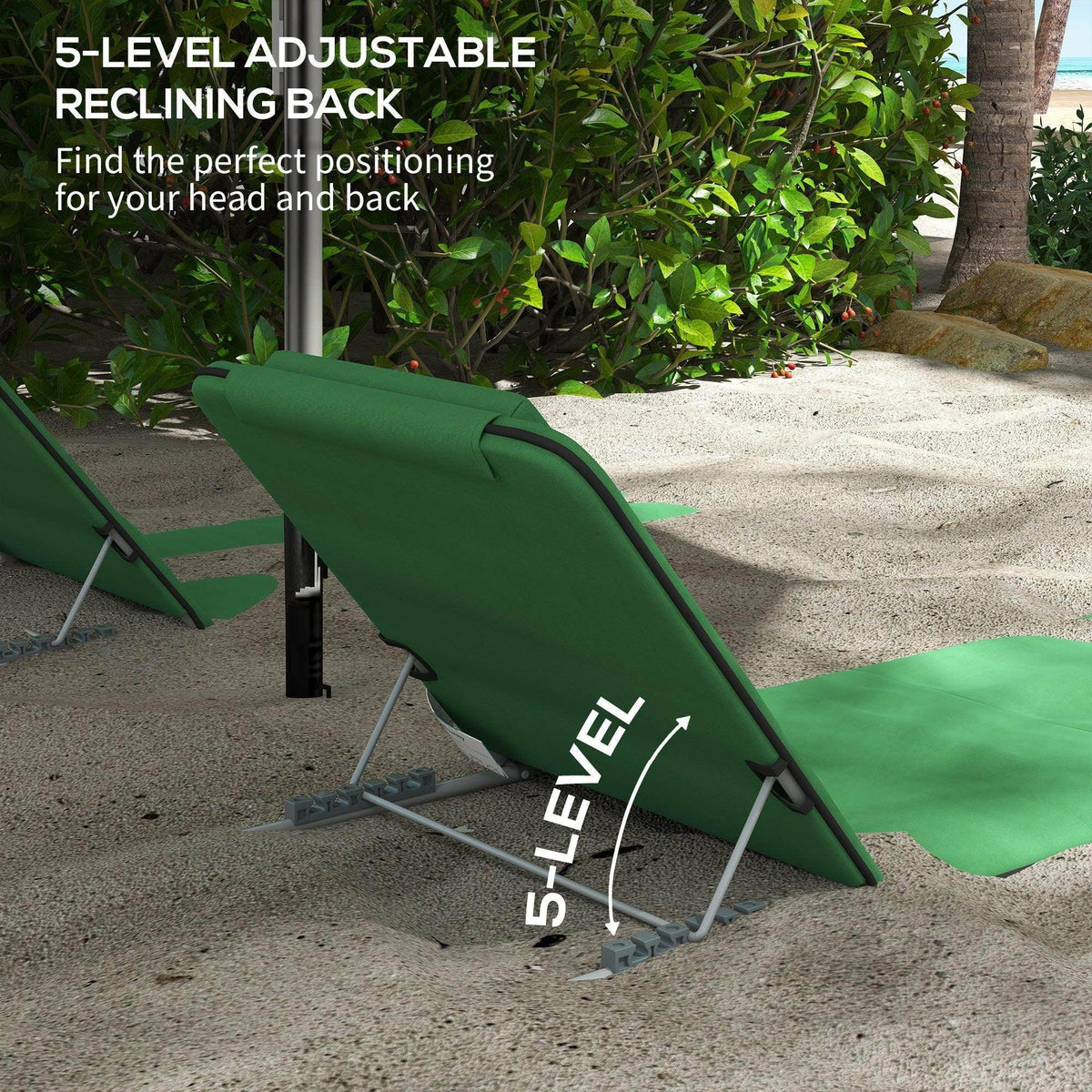 Green 5-level adjustable reclining beach chair with pillow on metal base, partial view