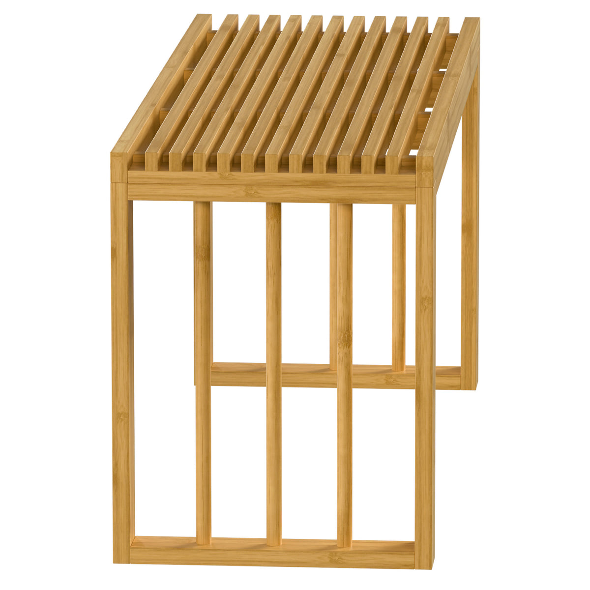 Close-up of natural bamboo bench frame with slatted top and open vertical sides