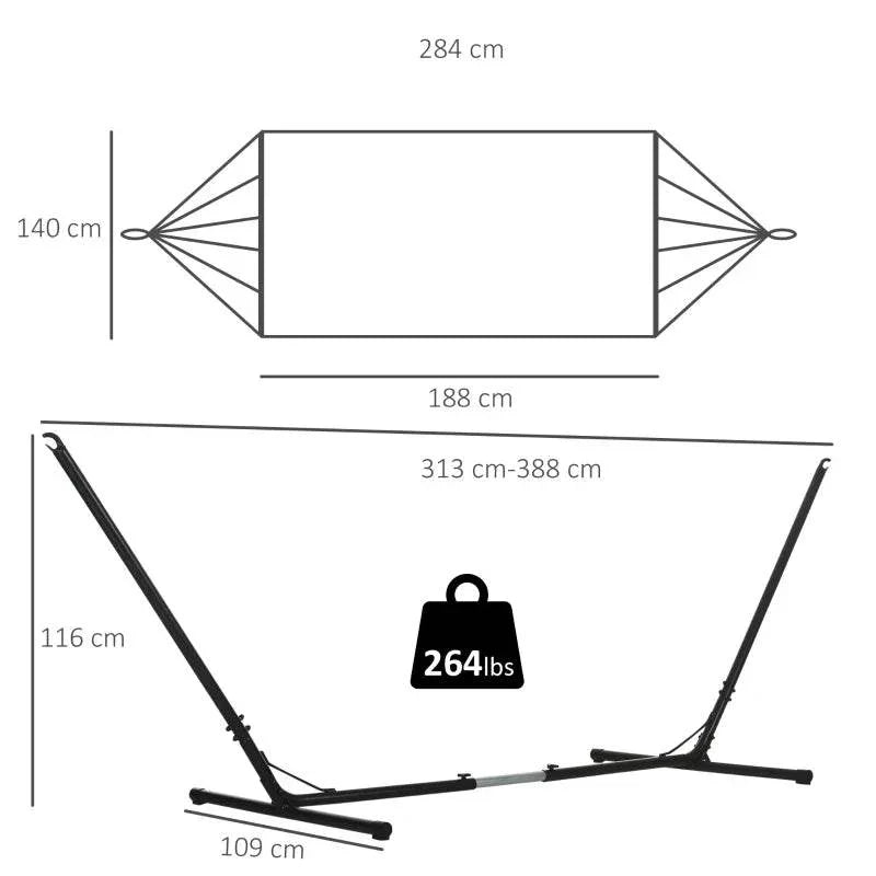 Adjustable steel hammock stand with size diagram, black frame and spreader bar