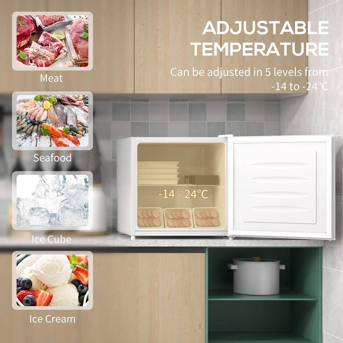 White mini freezer with front door open, interior shelf and multiple storage compartments.