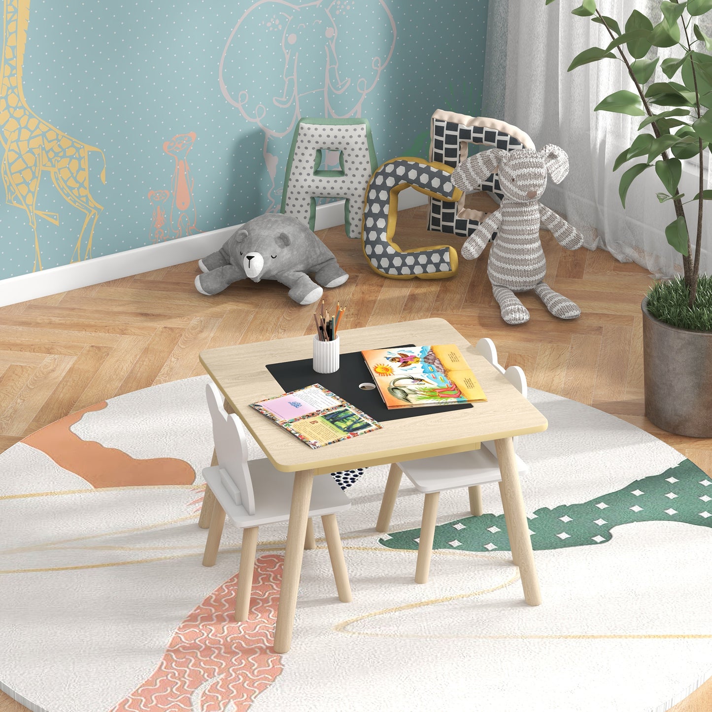 AIYAPLAY 3 Piece Kids Table And Chairs Set With Convertible Desk And Storage Grid For Nursery And Playroom
