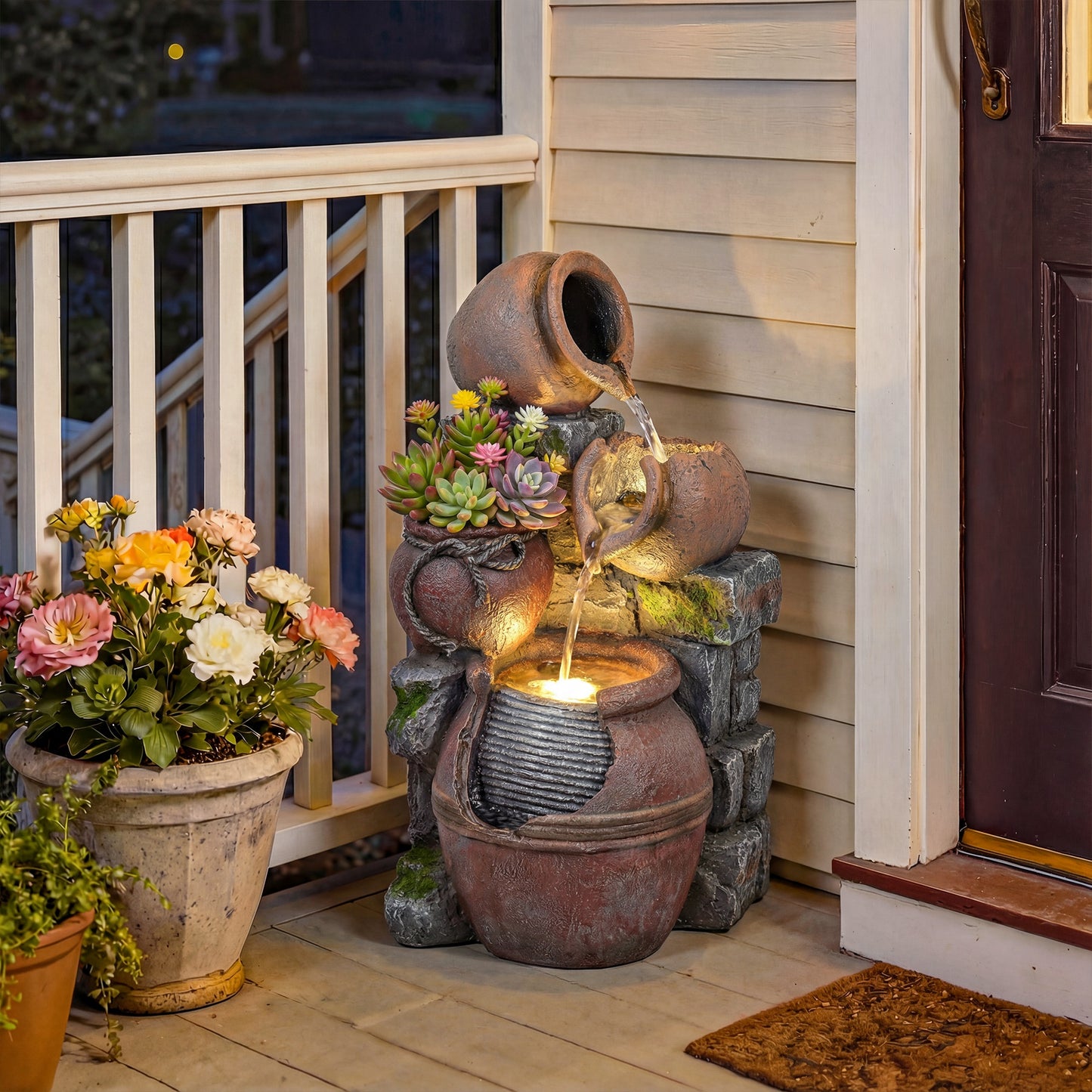 Outsunny 4-Tier Outdoor Fountain With Planter And LED Lights In Rustic Brown Garden Decor