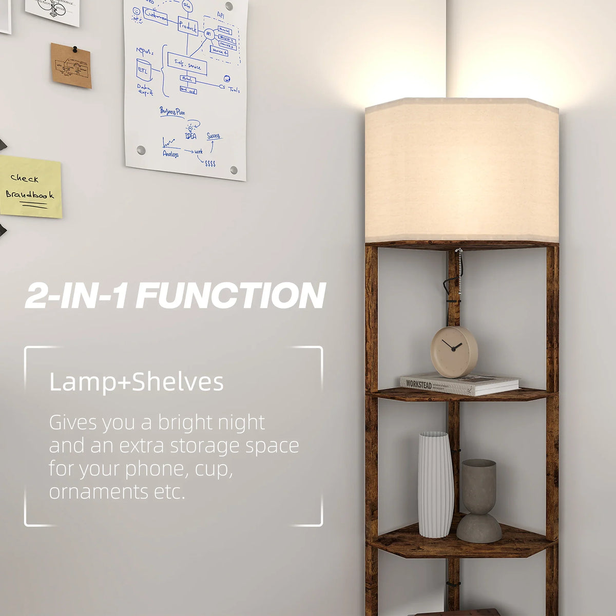 Floor lamp with storage shelves, dark wood-look frame, beige fabric shade