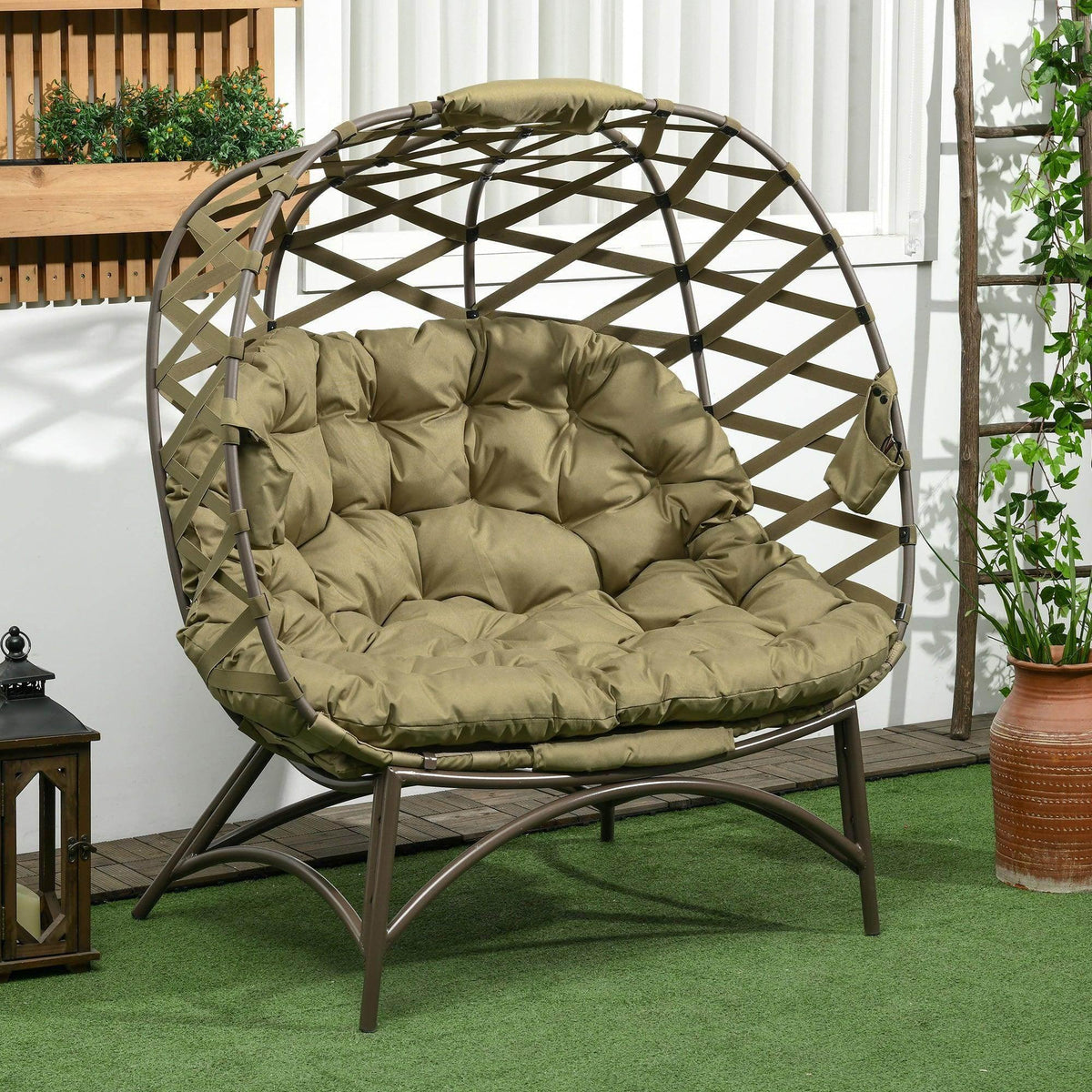 Khaki egg chair with woven frame and padded cushion, folding garden patio seating