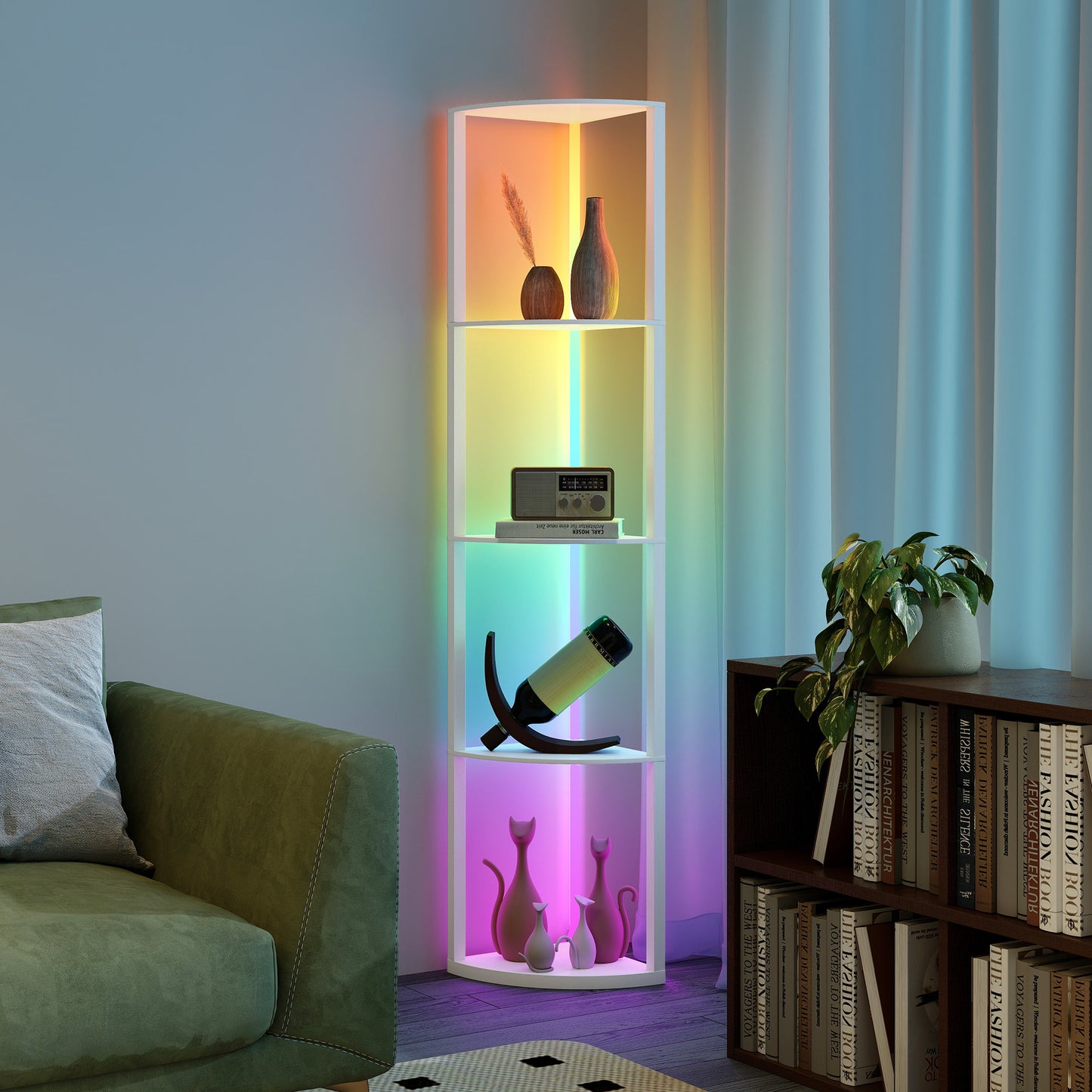 HOMCOM RGB LED Floor Lamp With Shelves 5 Tier Corner Display Shelf Unit For Living Room Bedroom Office White