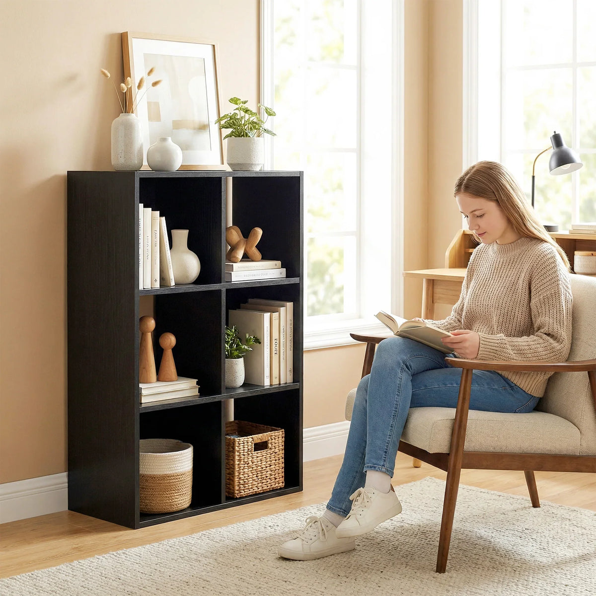 Dark wood-effect open bookcase with 6 compartments for books and decor