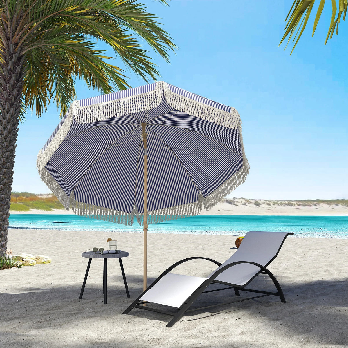 Blue-and-white striped beach umbrella with fringed canopy and tilt frame