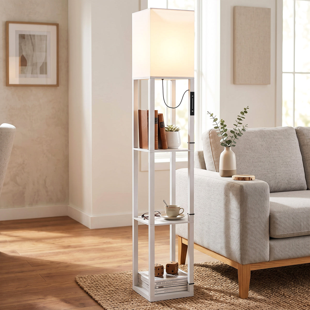 White floor lamp with three open shelves and lit shade beside light-colored sofa