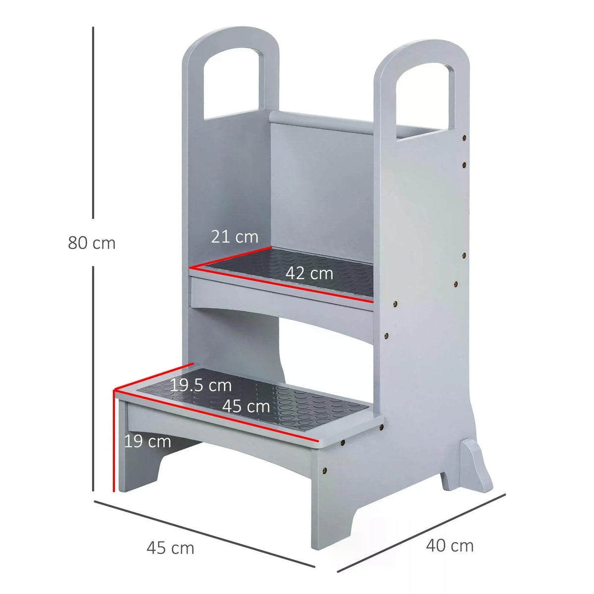 Grey wooden step stool with safety handles and two non-slip steps (size diagram)