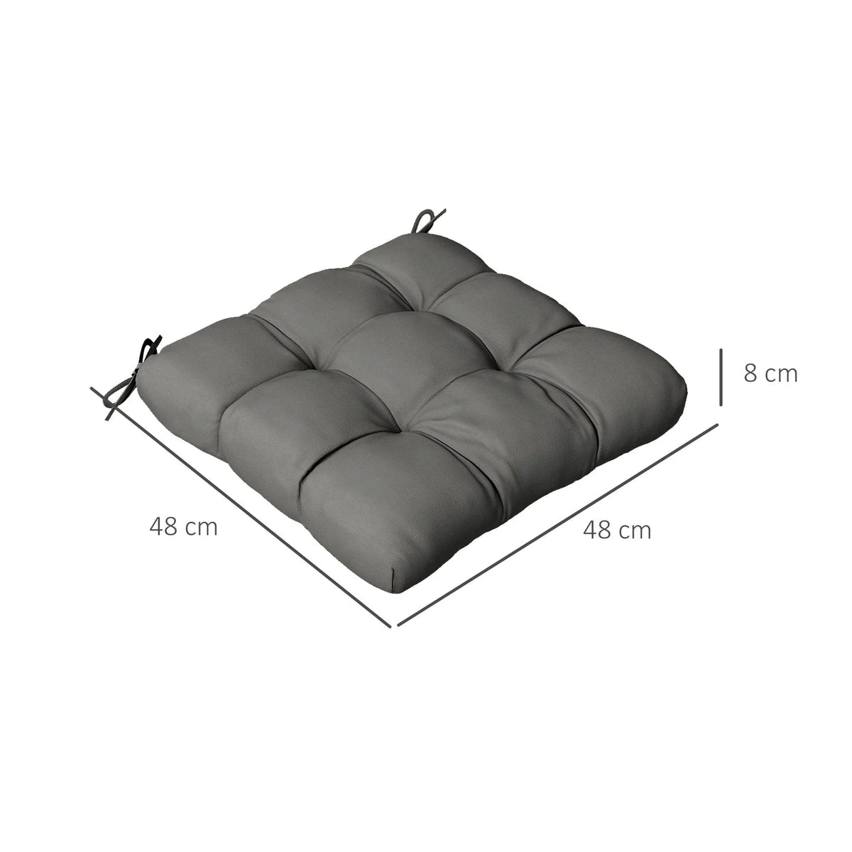 Charcoal grey square seat cushion pad with tufted, buttoned design and ties
