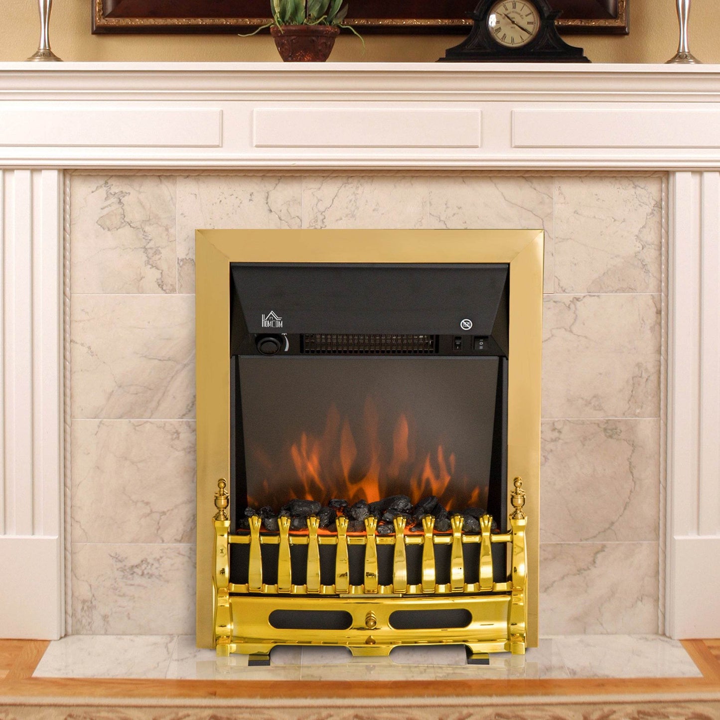 HOMCOM Golden LED Flame Electric Fireplace with Realistic Coal Effect - ALL4U RETAILER LTD
