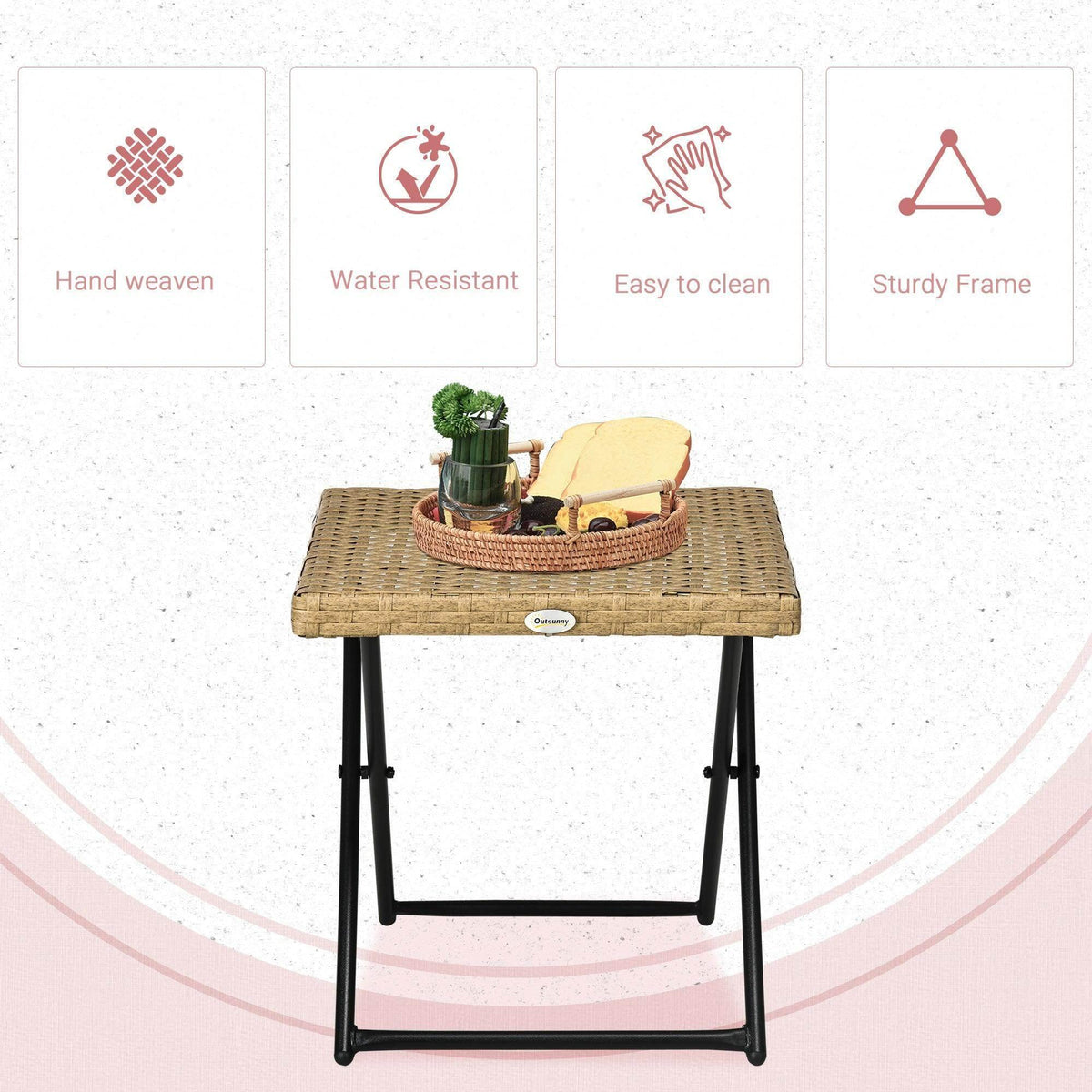 Natural rattan square folding table with black metal legs and woven top