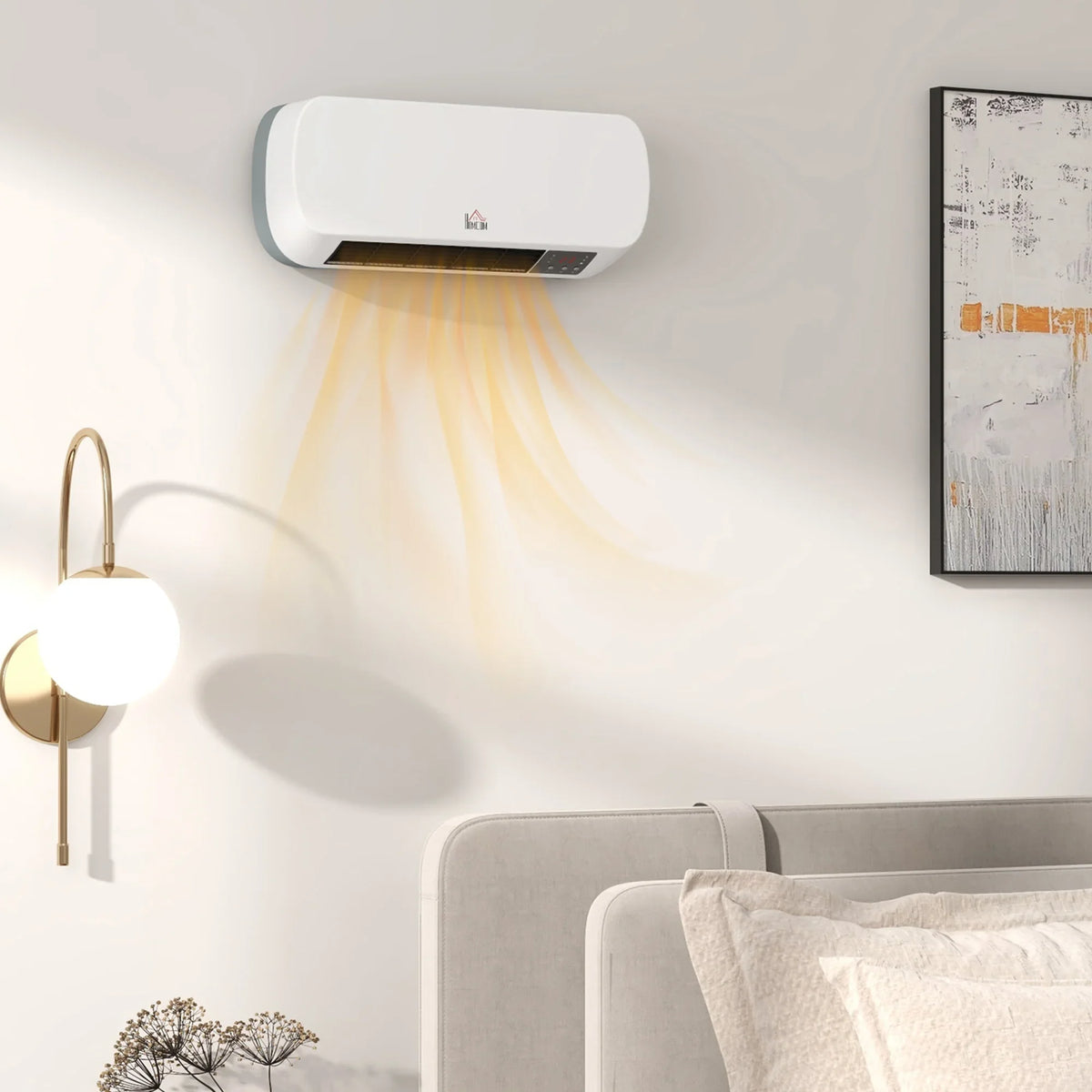 White wall-mounted ceramic space heater with front control panel and heat airflow