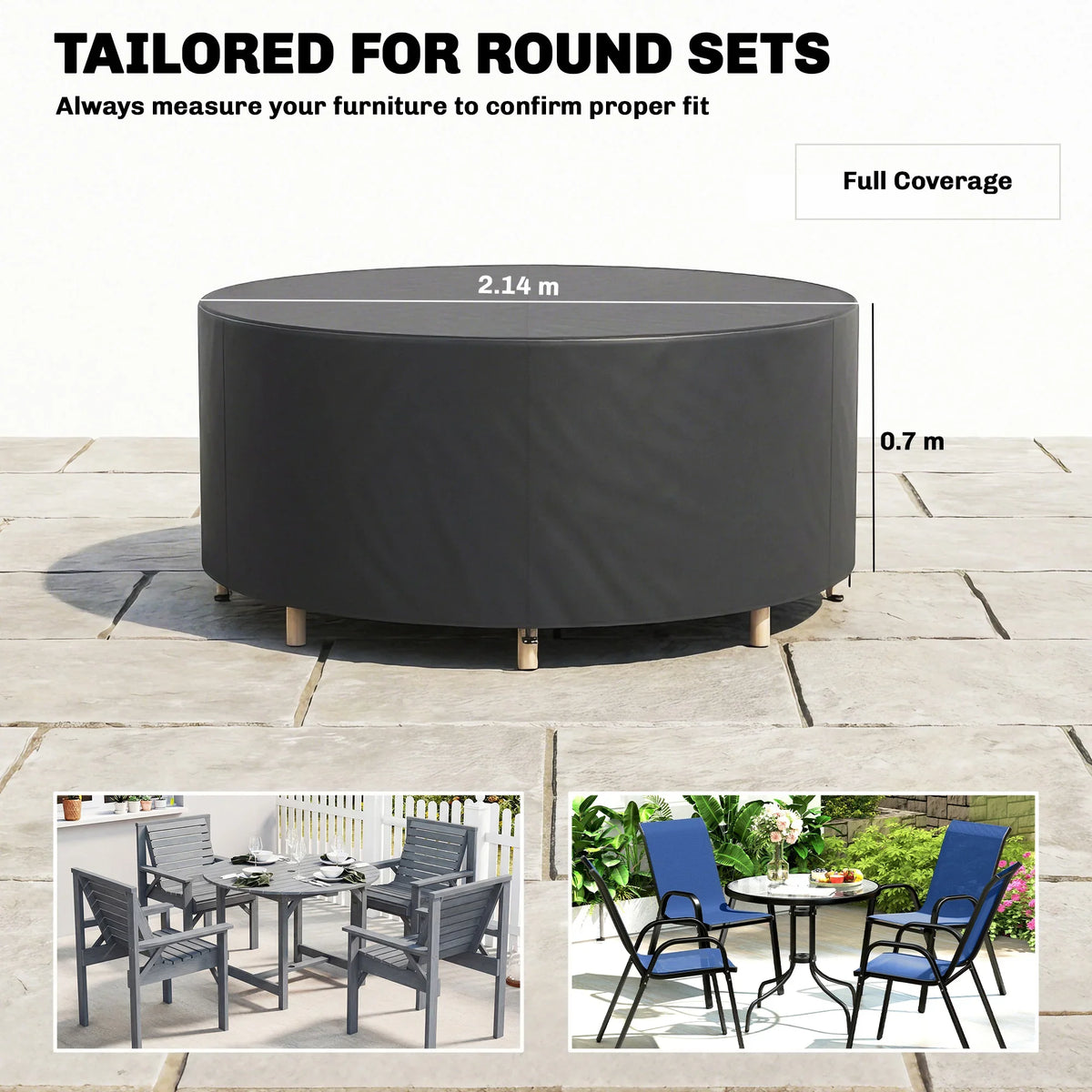 Black round garden furniture cover with full top coverage and tapered skirt