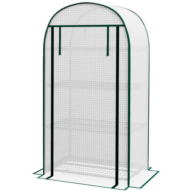 Portable mini greenhouse with arched green frame and clear PE cover, front door panels