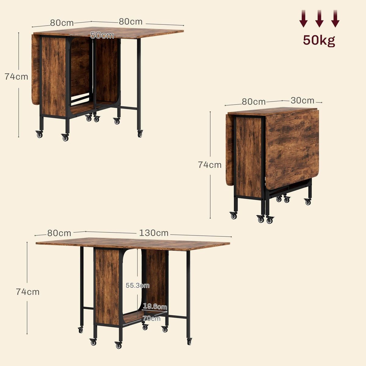 Expandable rustic brown folding dining table with dimensions and wheels