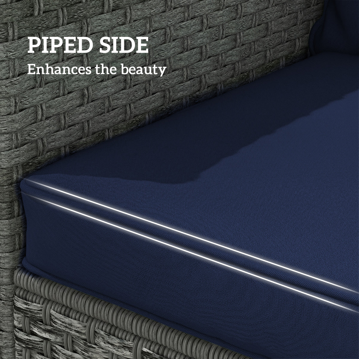 Dark blue cushion with piped edge trim alongside woven outdoor chair arm