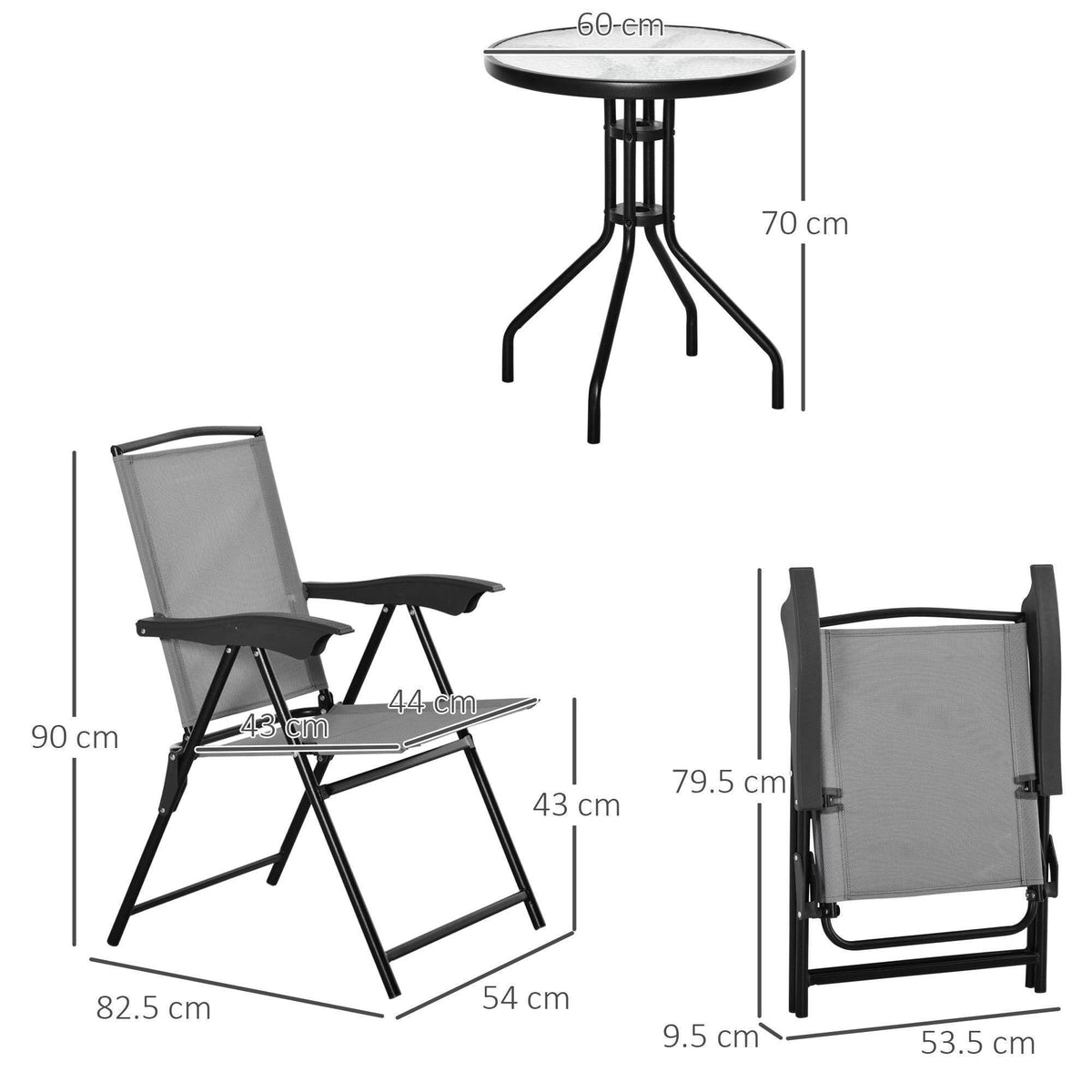 Adjustable backrest bistro chair in grey mesh with black folding legs