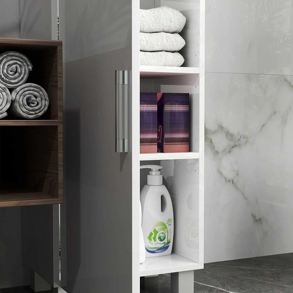 Tall white cabinet with open shelves holding towels and bottles, double-door design