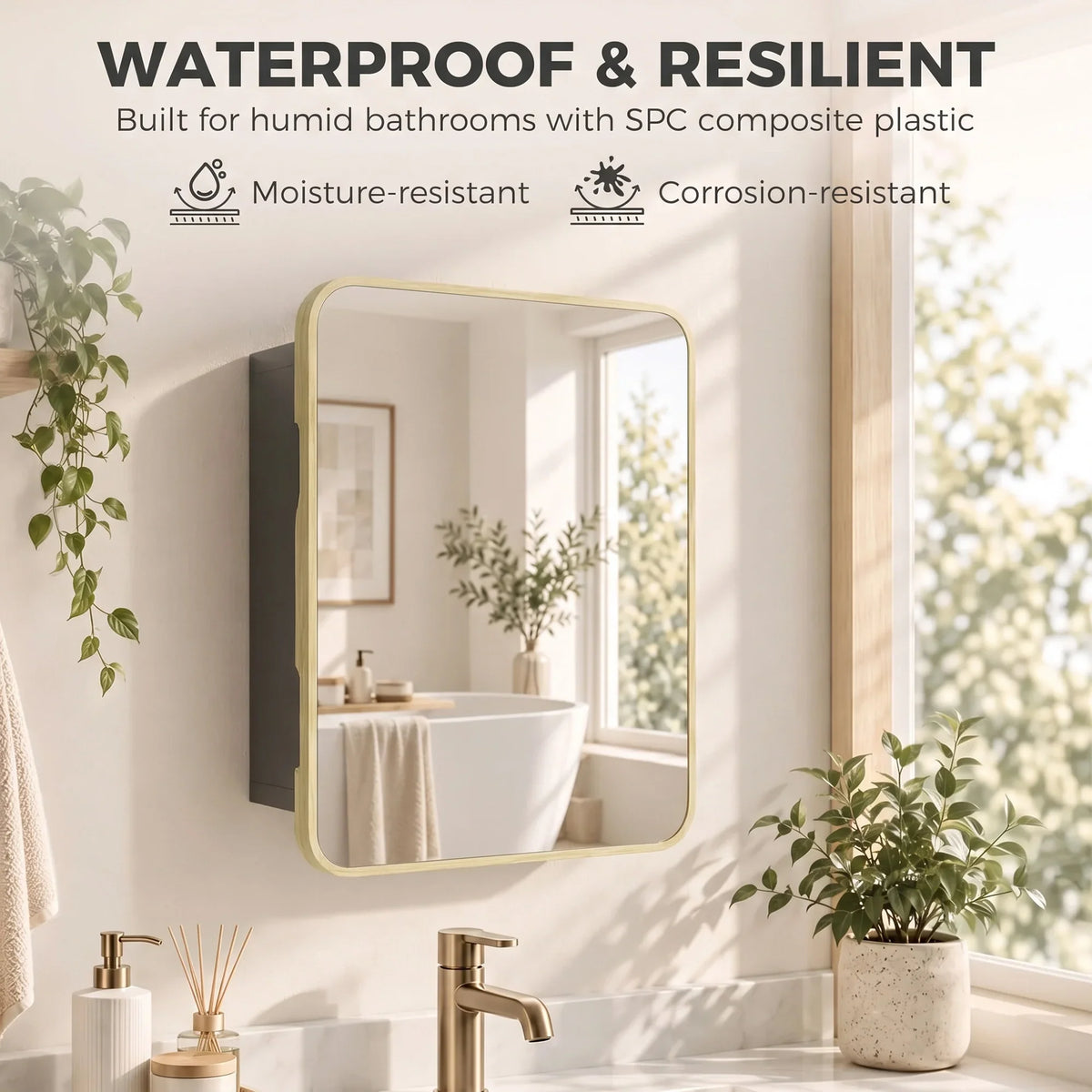Wall medicine cabinet with mirrored door and natural wood frame